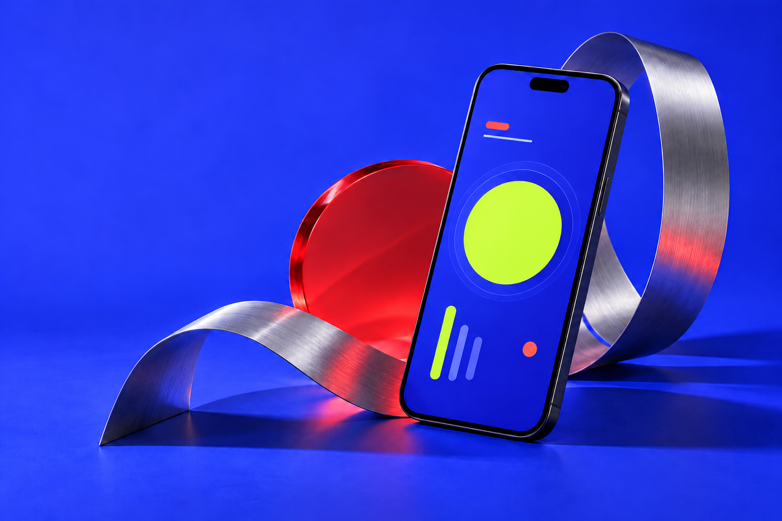 LUNO brand concept: an interactive phone experience with electric blue, lime, red glass and sculptural metal.